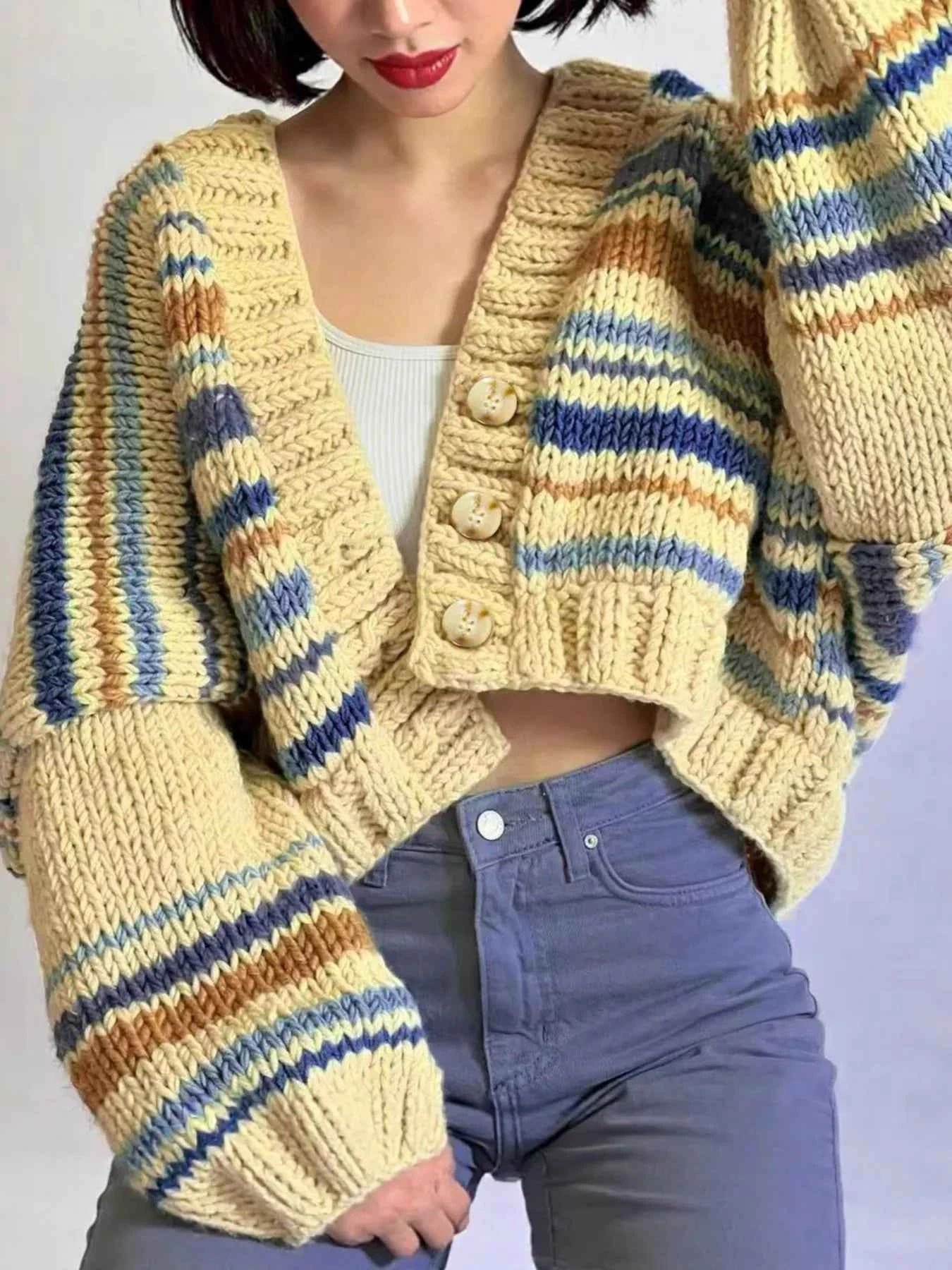 Chunky Knit Striped Cropped Cardigan