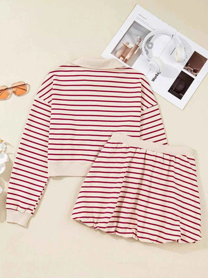 tripe Cropped Collared Drop Shoulder Pullover and Bubble Mini Skirt Set