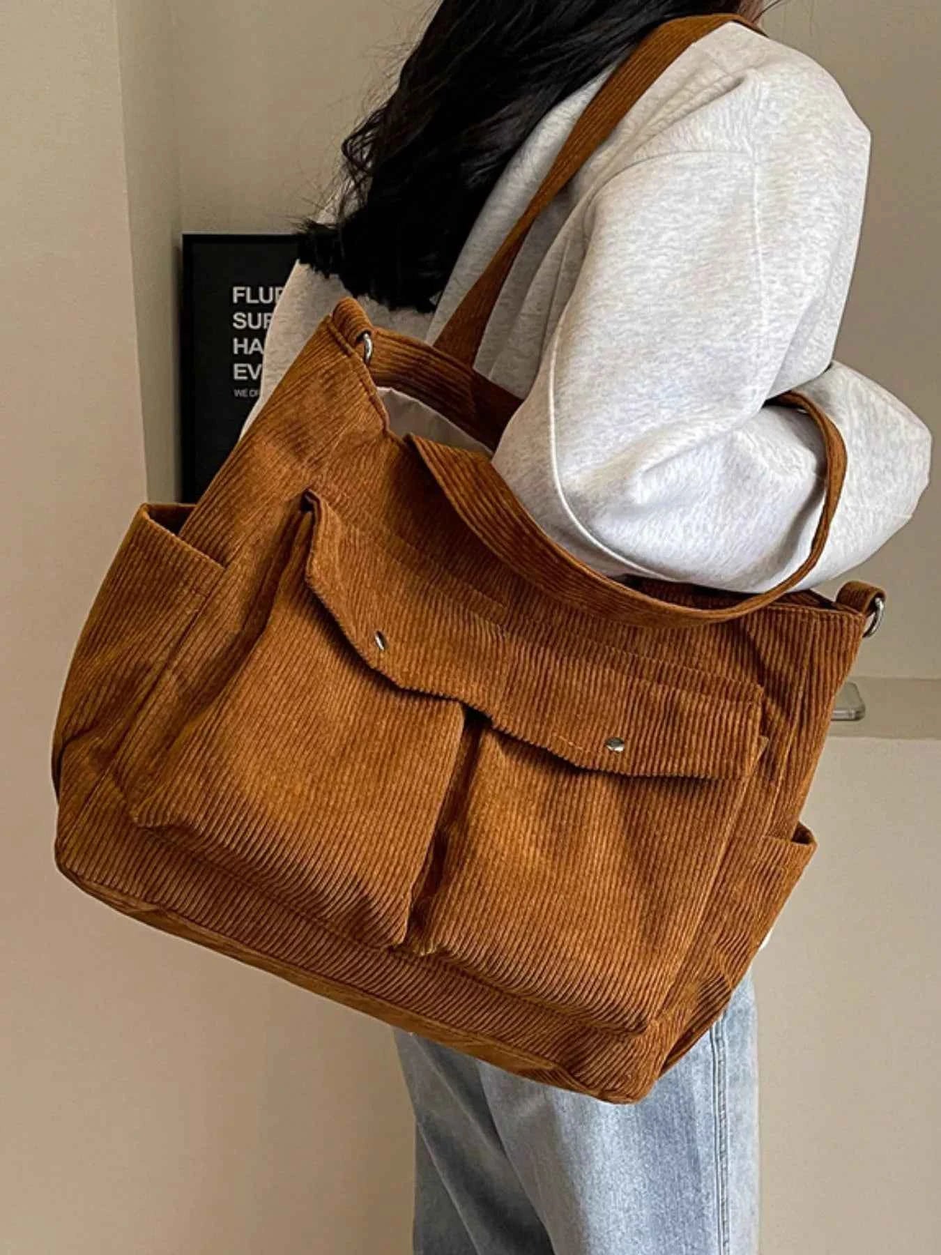 Corduroy Large Tote Bag with Adjustable Strap
