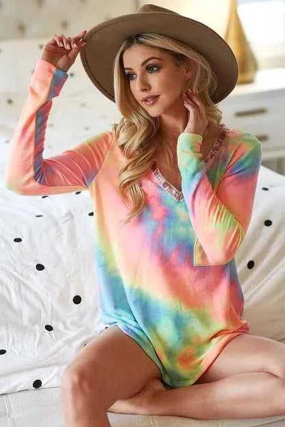 BiBi Tie Dye V-neck Terry Knit Top With Sequins