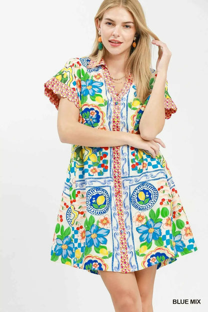 Umgee Mediterranean Print Dress with Contrast Printed Trim