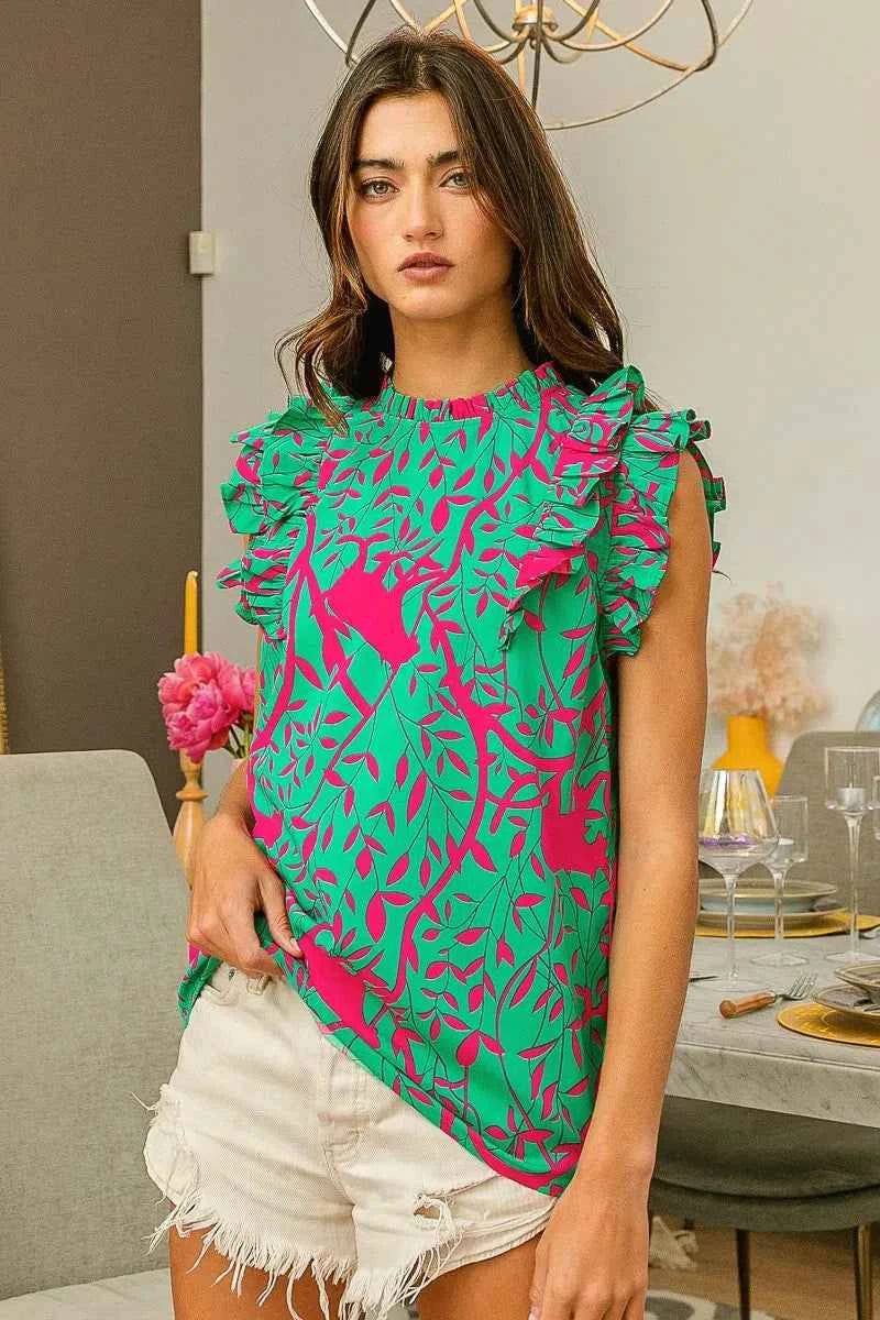 BiBi Leopard Leaves Print Woven Top