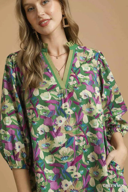 Umgee Boho Floral Balloon Sleeve Mini Dress