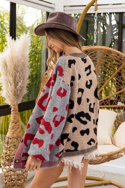 BiBi Leopard Color Block Button Down Sweater Cardigan
