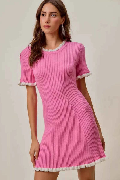 SO ME Contrast Ruffled Sweater Knit Mini Dress