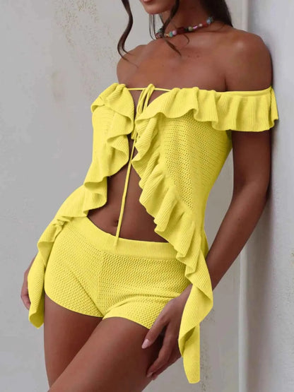 Off-Shoulder Ruffle Top and Shorts Sweater Set