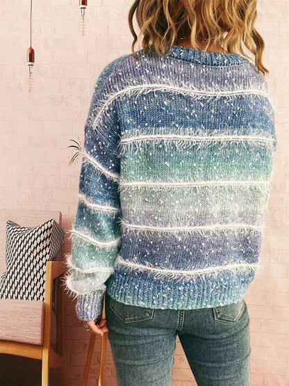 Gradient Striped Round Neck Sweater