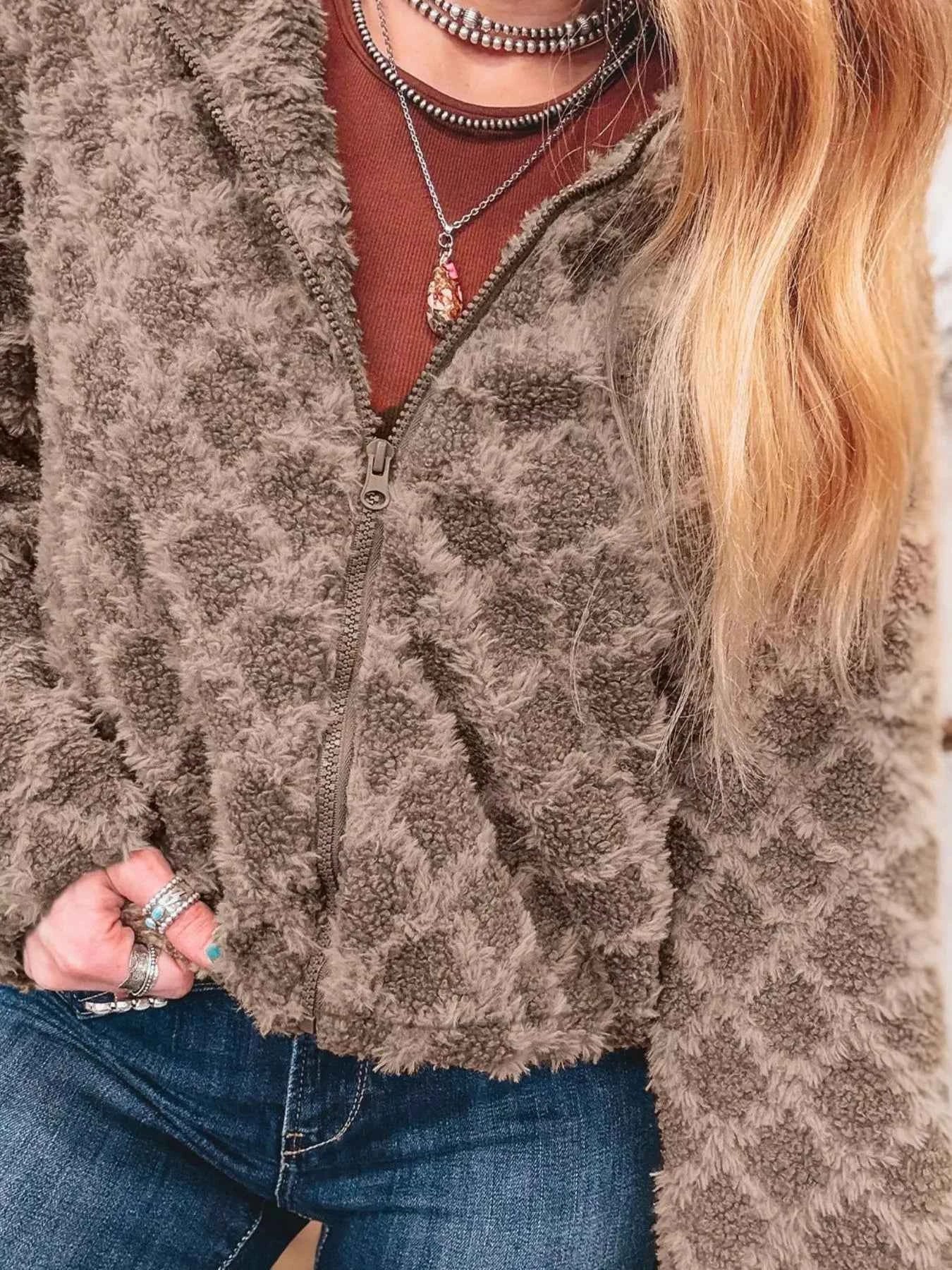 Sherpa Rhombus Zip Up Side Pocket Hooded Jacket