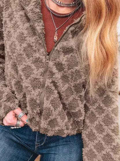 Sherpa Rhombus Zip Up Side Pocket Hooded Jacket