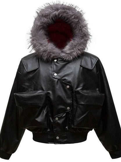 Men's Leather Bomber Jacket with Faux Fur Hood