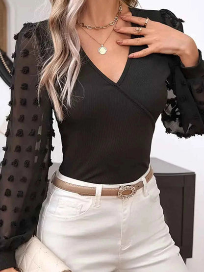 Mesh Sleeve Ribbed V-Neck Top