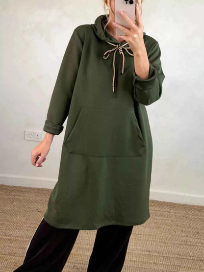 Full Size Casual Drawstring Hooded Sweatshirt Dress Plus Size