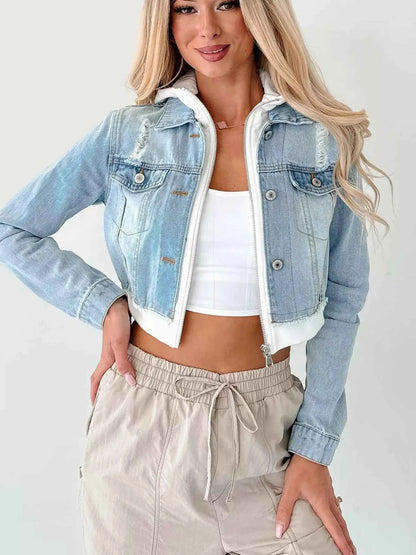 Distressed Zip Up Cropped Hooded Denim Jacket