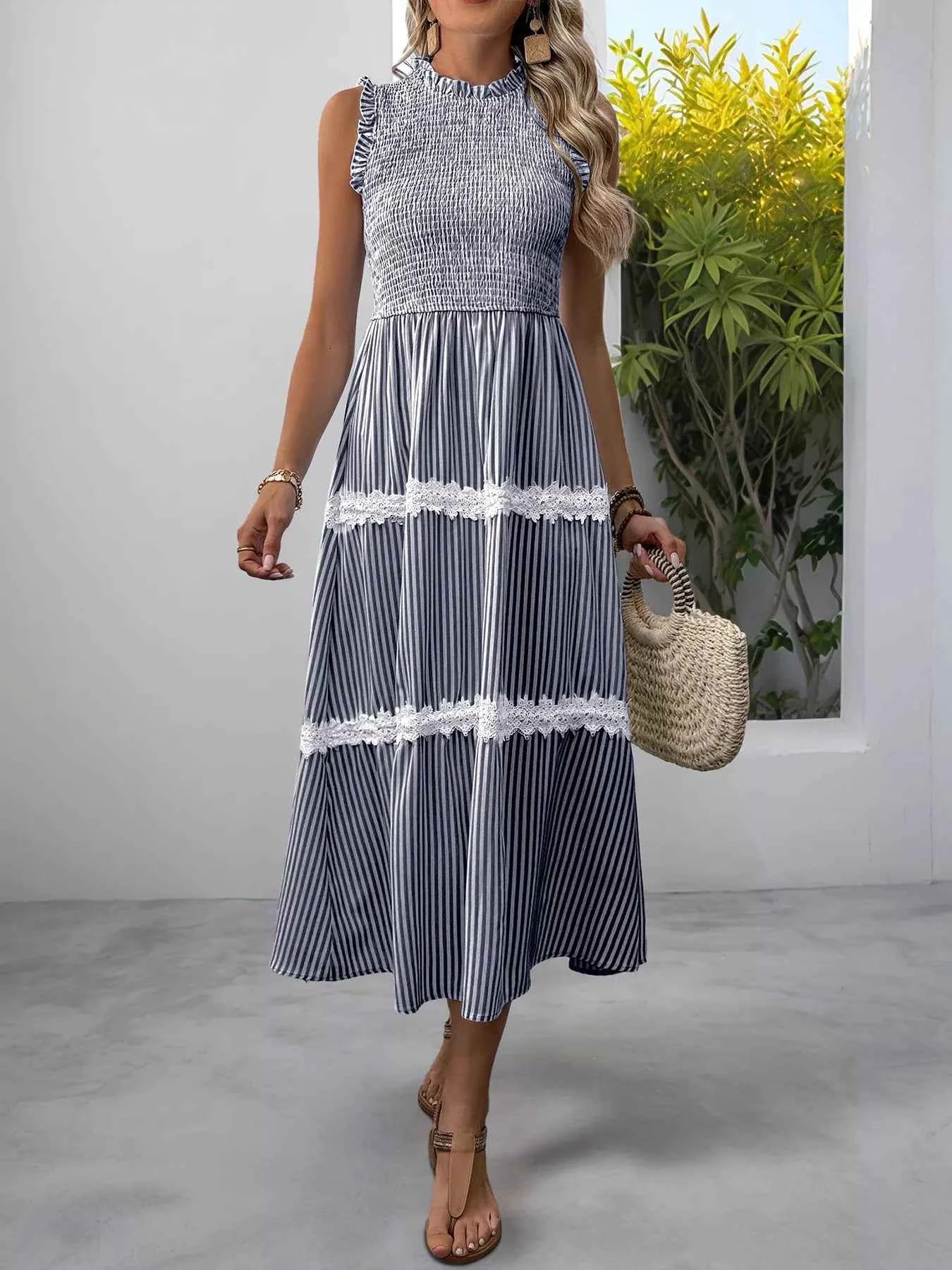Smocked Striped Lace Trim Sleeveless Midi Dress