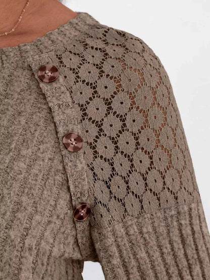 Ribbed Knit T-Shirt with Lace Shoulder Detail
