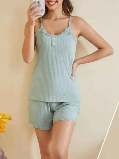 Lace-Trimmed Ribbed Cami and Shorts Lounge Set