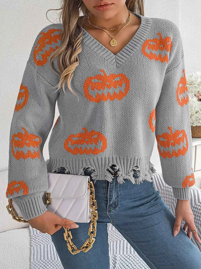 Halloween Pumpkin Pattern Raw Hem V-Neck Sweater
