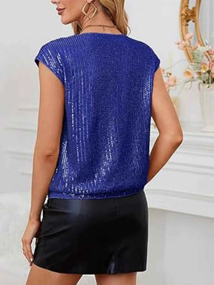 V-Neck Sequin Cap Sleeve Top