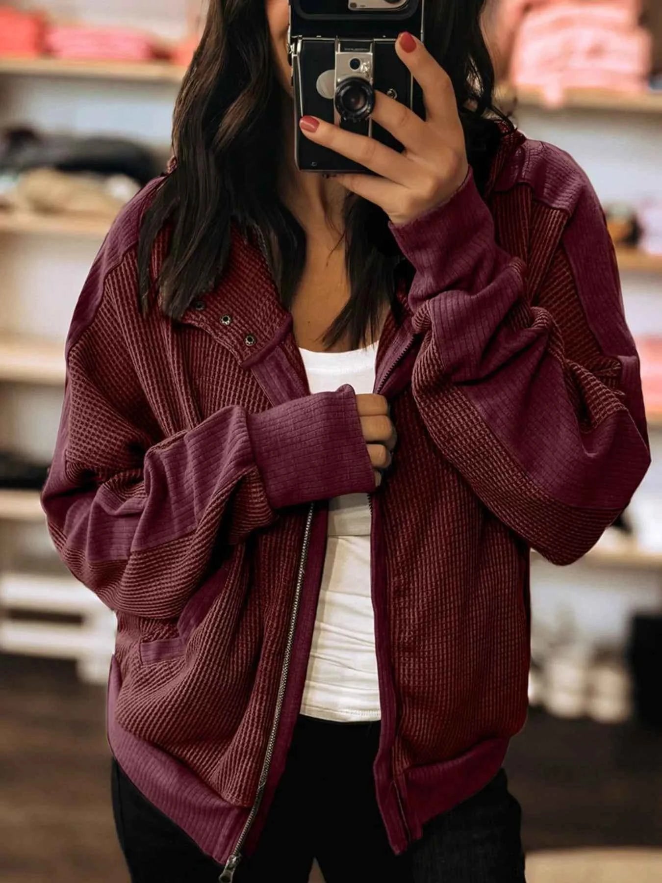 Waffle Zip Up Hooded Jacket with Pockets