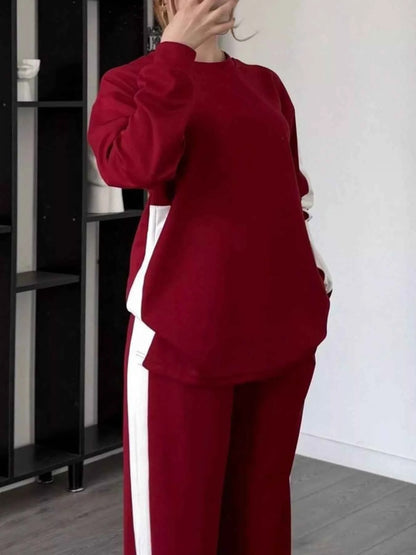 Full Size Contrast Round Neck Top and Pants Set Plus Size