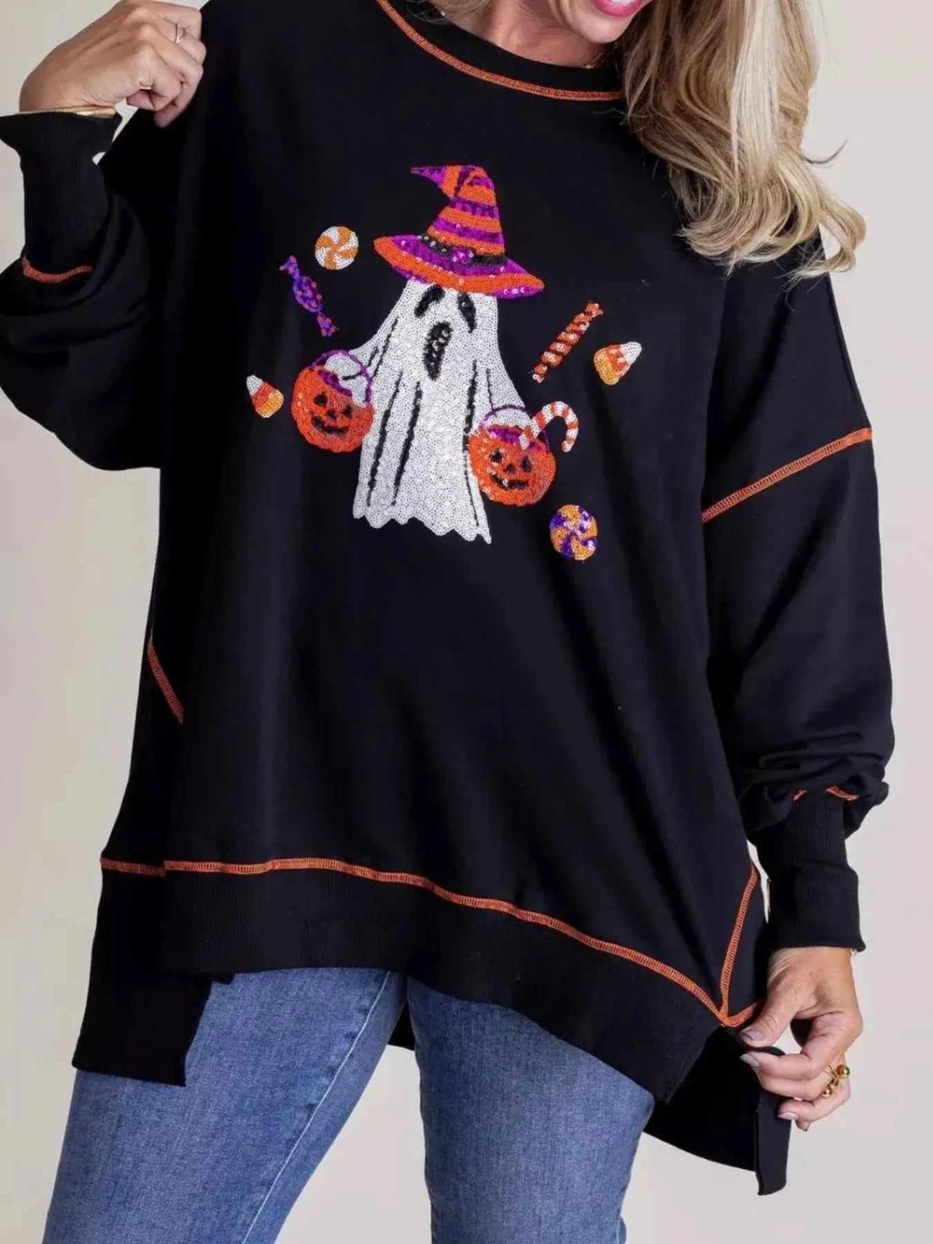 Halloween Ghost Sequin Exposed Seam Sweatshirt