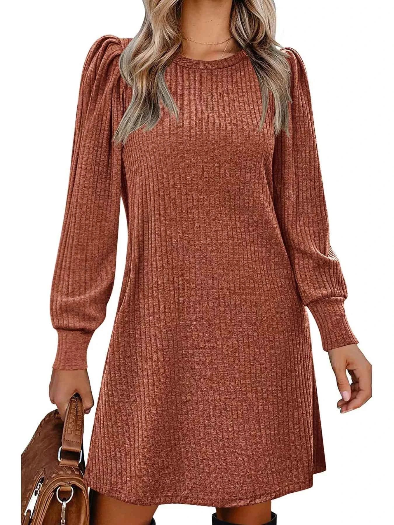 Ribbed Knit Puff Sleeve Casual Mini Dress