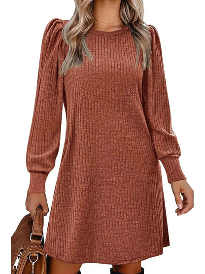 Ribbed Knit Puff Sleeve Casual Mini Dress