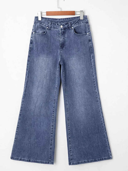 High Waist Button Zip Flare Leg Jeans