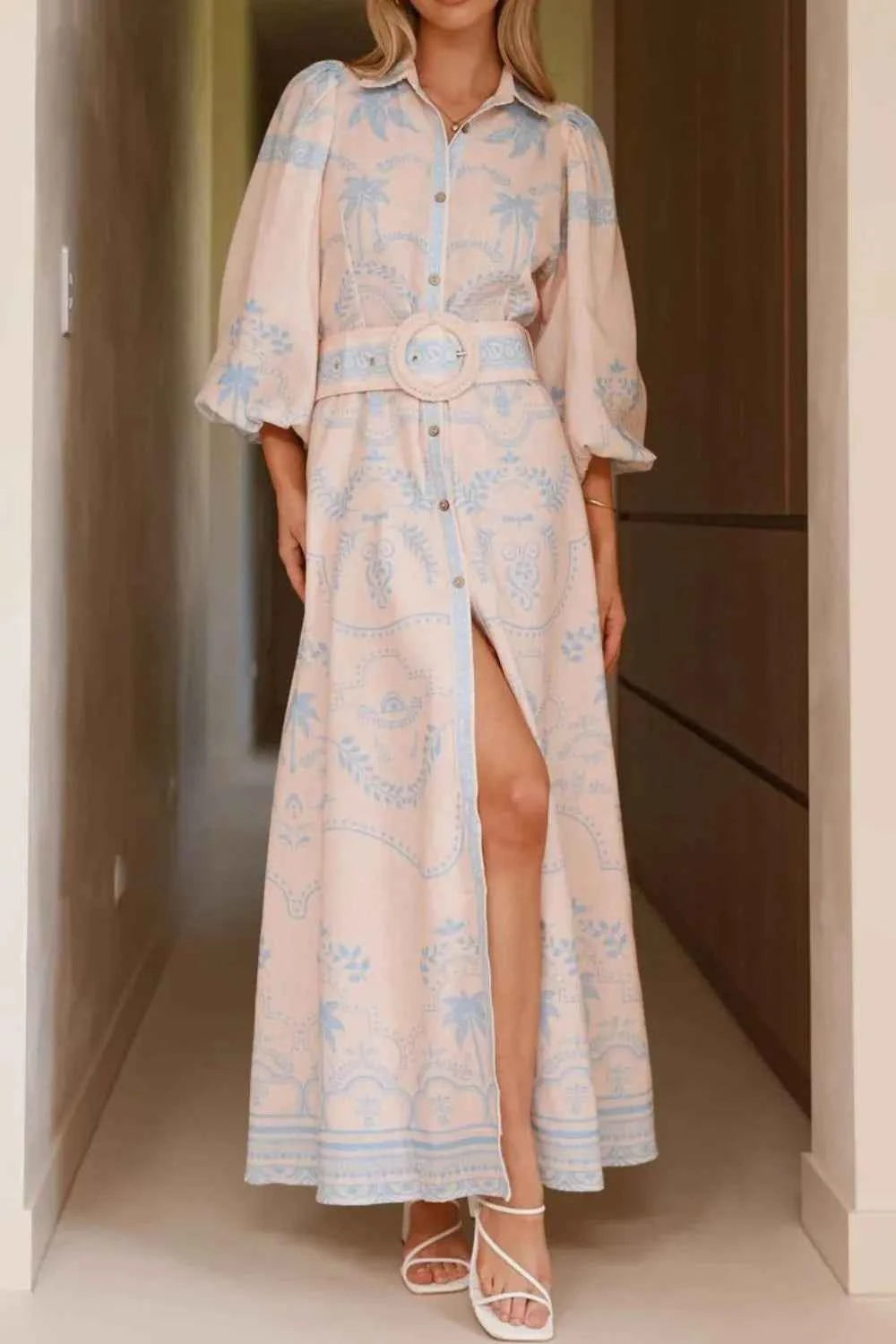 Printed Balloon Sleeve Maxi Shirt Dress