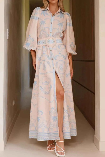 Printed Balloon Sleeve Maxi Shirt Dress