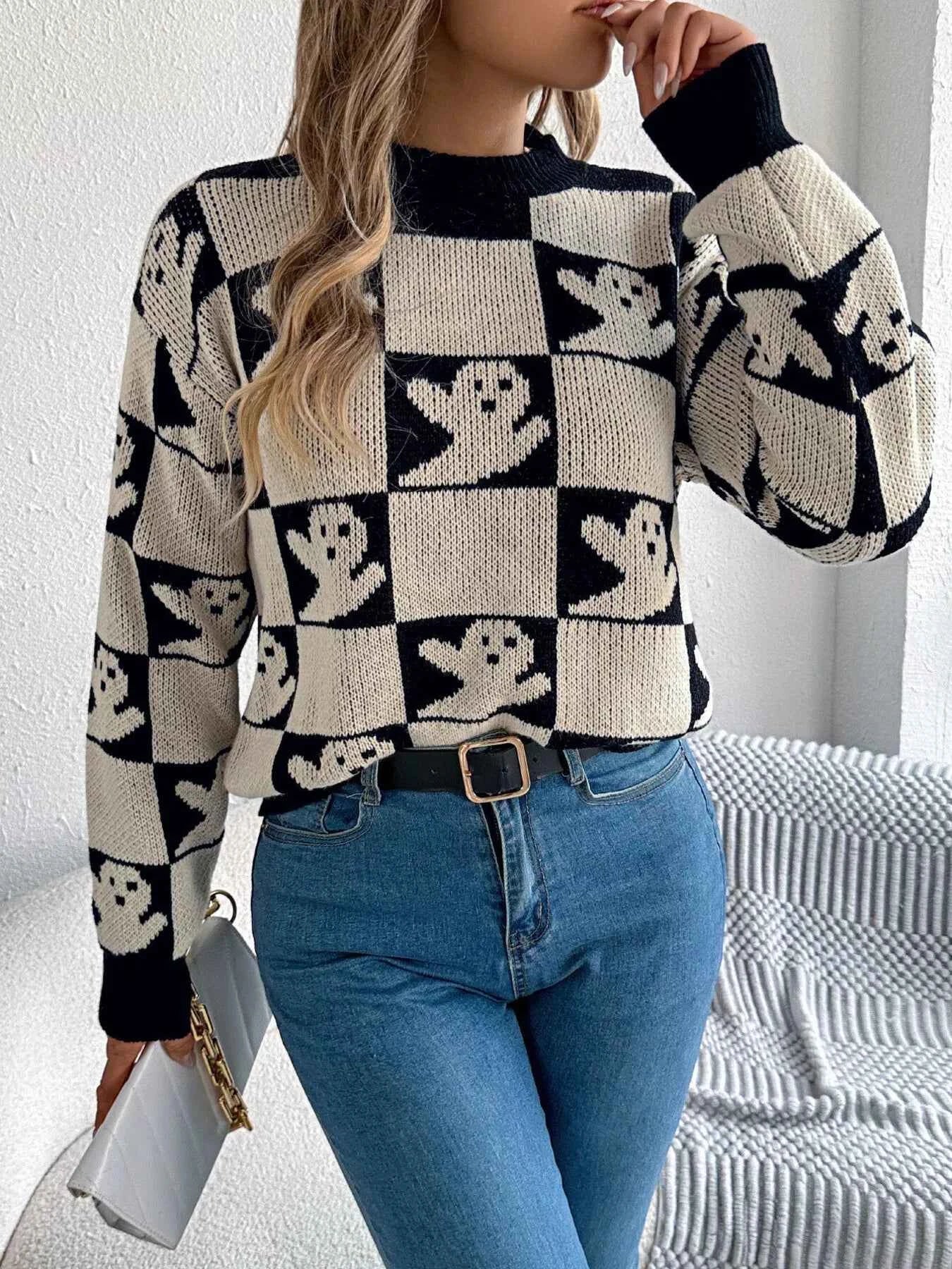 Halloween Ghost Pattern Checkered Round Neck Sweater