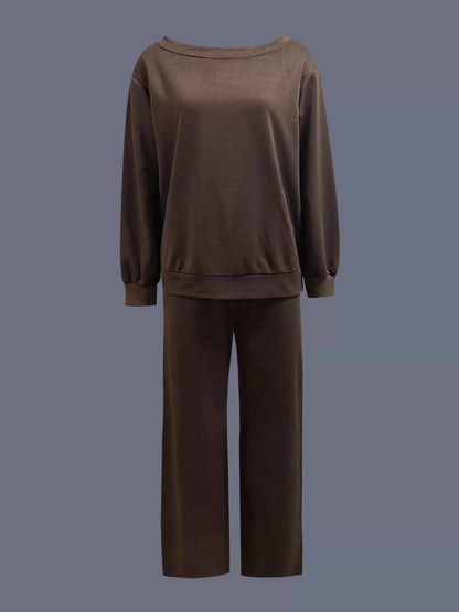 Boat Neck Long Sleeve Sweatshirt and Pants Set