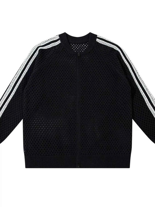 Men's Openwork Contrast Stripe Zip Up Long Sleeve Jacket