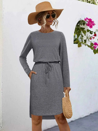 Long Sleeve Drawstring Midi Dress