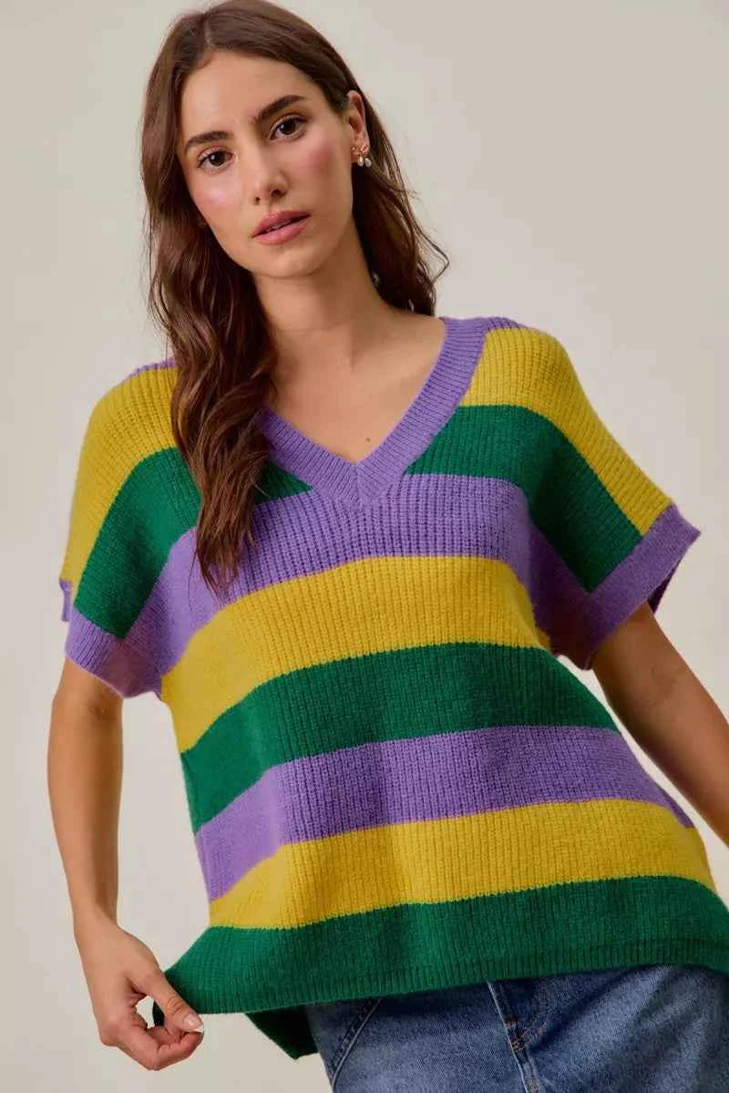 SO ME Mardi Gras Loose Fit V Neck Stripe Sweater Top