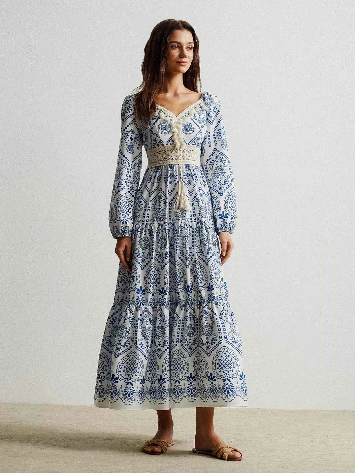 Bohemian Print Midi Dress with Tassel Detail
