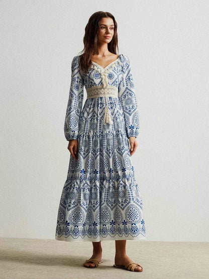 Bohemian Print Midi Dress with Tassel Detail