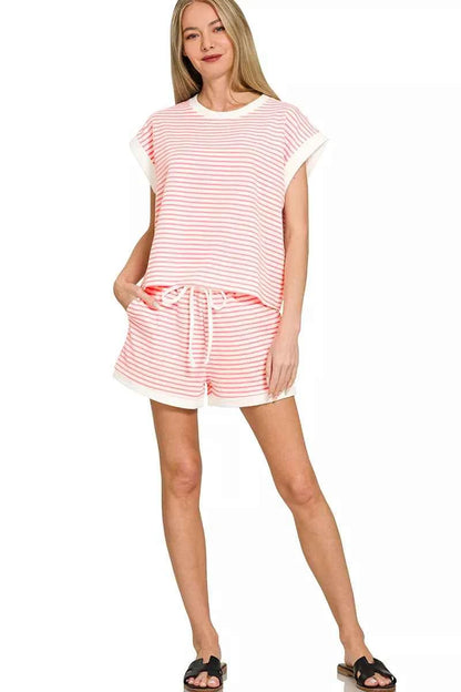 Zenana Stripe Contrast Trim Top & Shorts Set