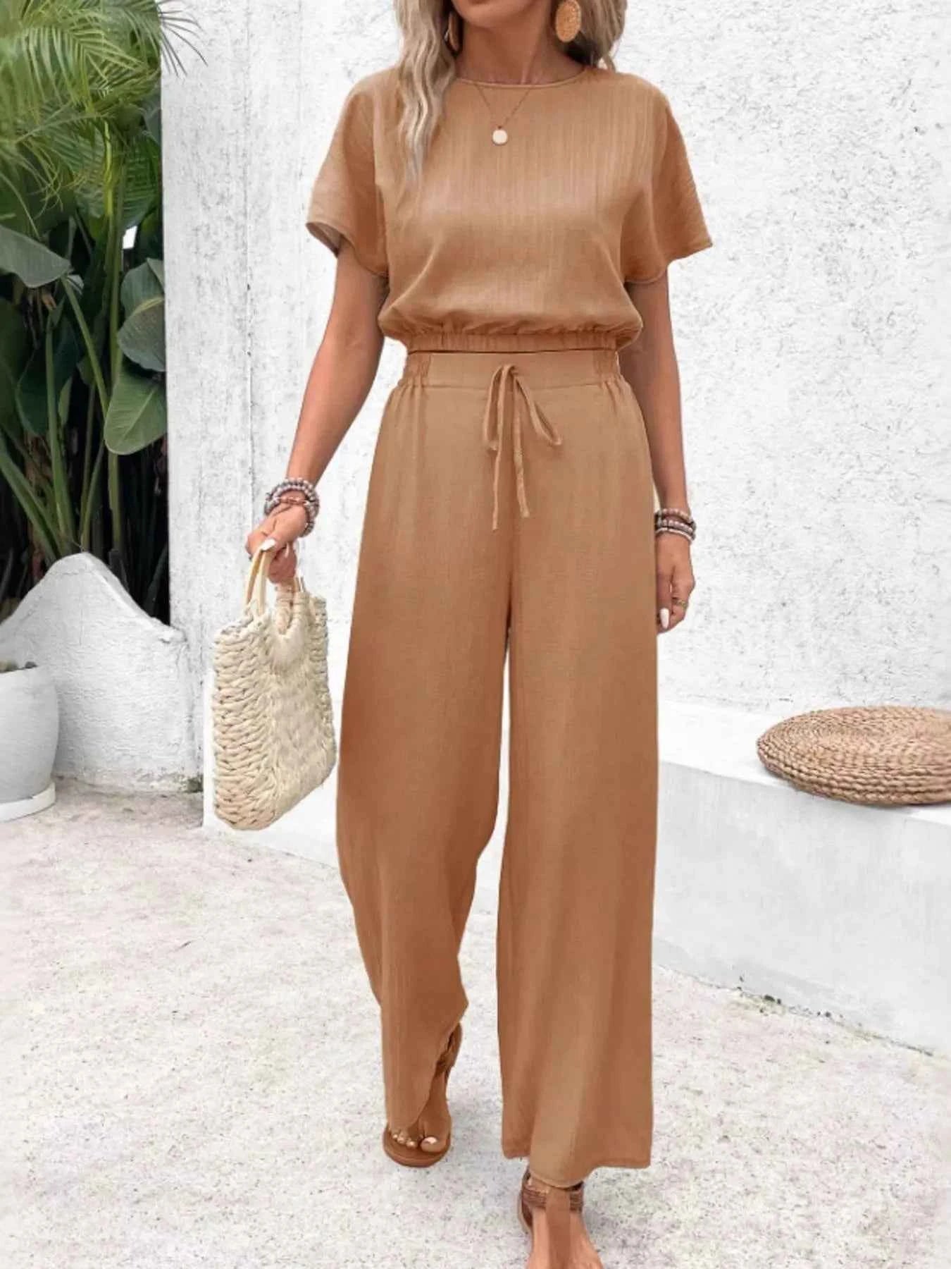 Round Neck Short Sleeve Top and Pants Set