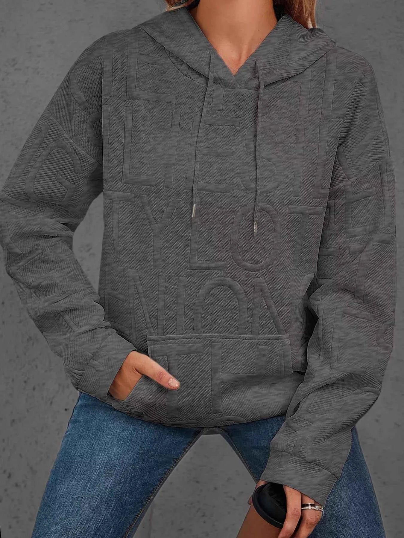 Full Size Textured Embossed Long Sleeve Hoodie Plus Size