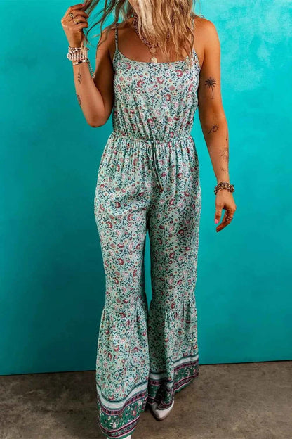 Bohemian Floral Ruffle Bottom Spaghetti Strap Jumpsuit