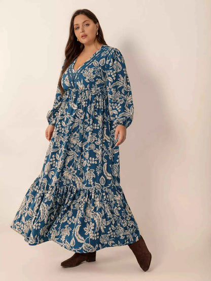 Plus Size Boho Floral Print Long Sleeve Maxi Dress