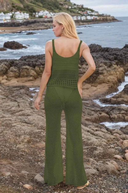 Hollow Out Round Neck Top and Pants Sweater Cover Up Set