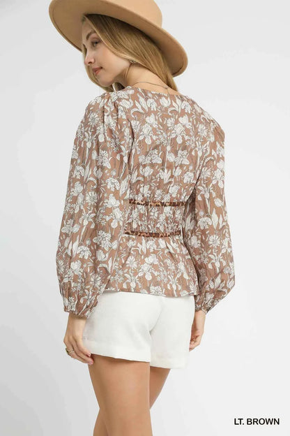 Umgee Floral Smocked Peplum Blouse with Tie Detail