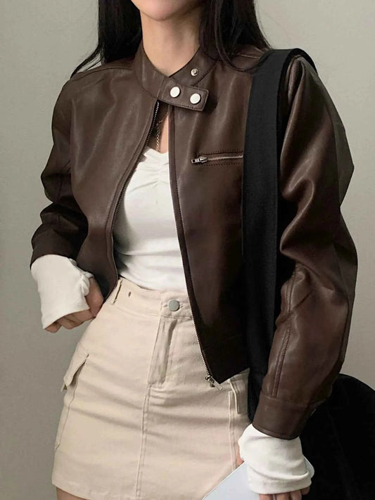 Cropped Zip Up Leather Jacket