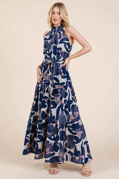 Lime 'N' Chili Abstract Halter Neck Tie-Waist Tiered Maxi Dress