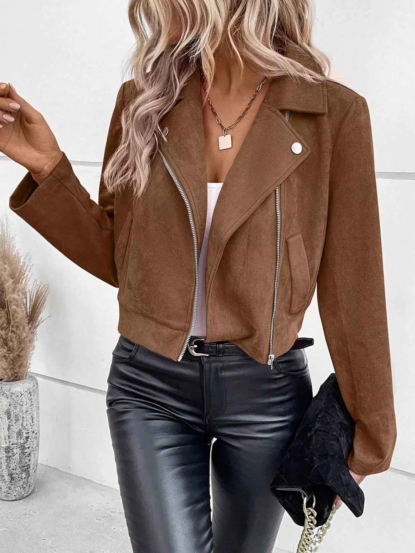Suede Moto Jacket with Zip Detail