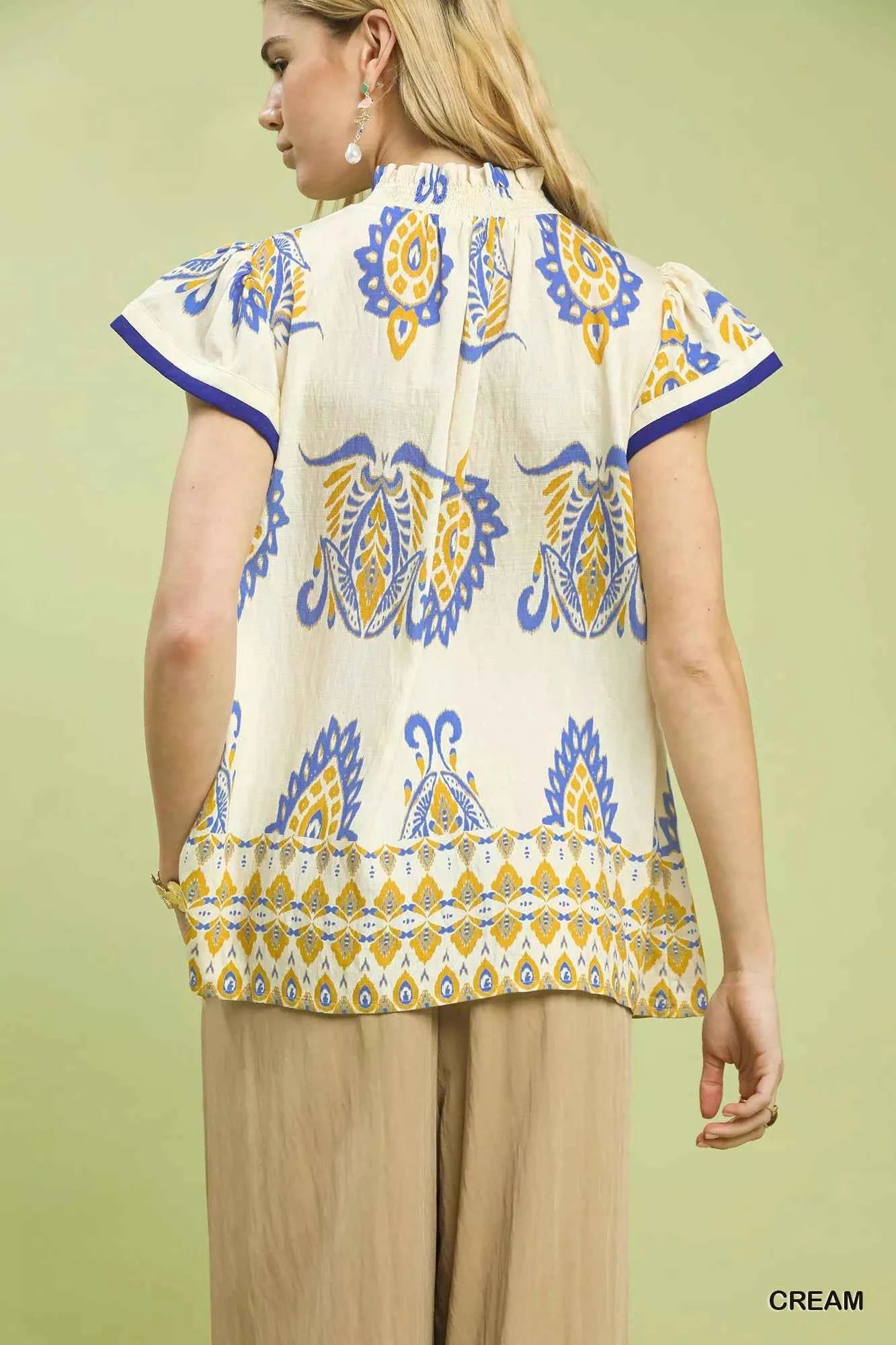 Umgee Border Print Split-Neck Boho Top