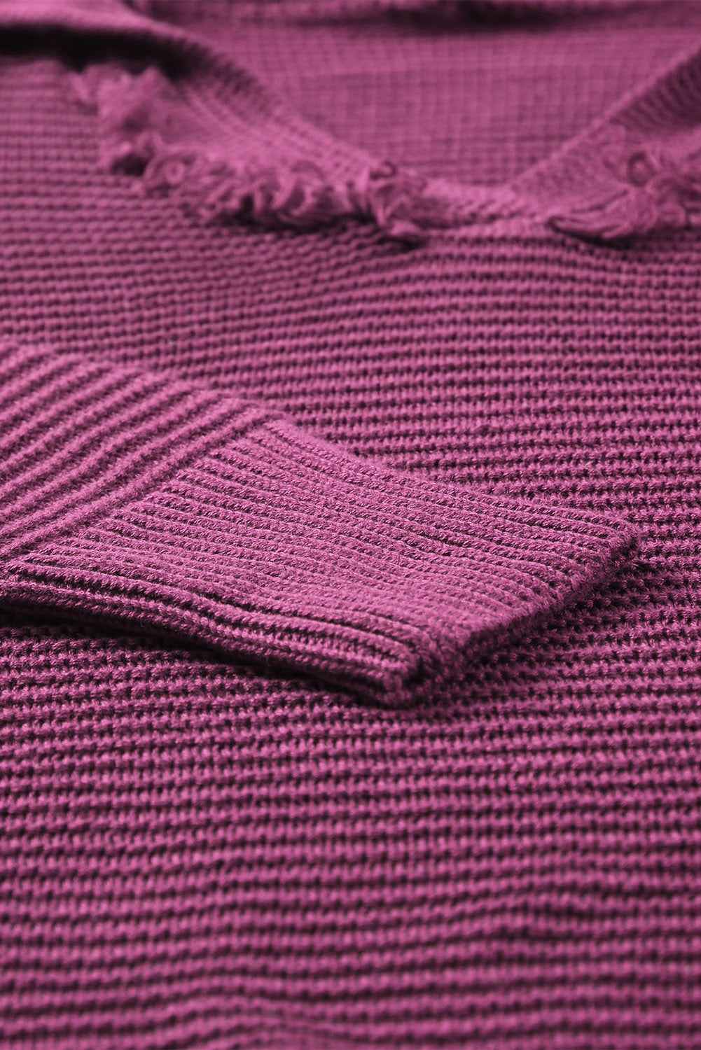 Woven Right Horizontal Ribbing Fringe Trim Hooded Sweater