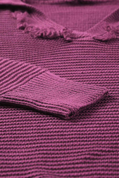 Woven Right Horizontal Ribbing Fringe Trim Hooded Sweater